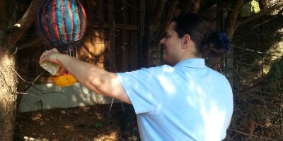 Bettina and her handmade bird feeder