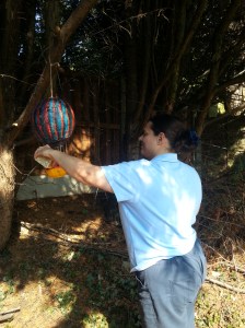 Bettina and her handmade bird feeder
